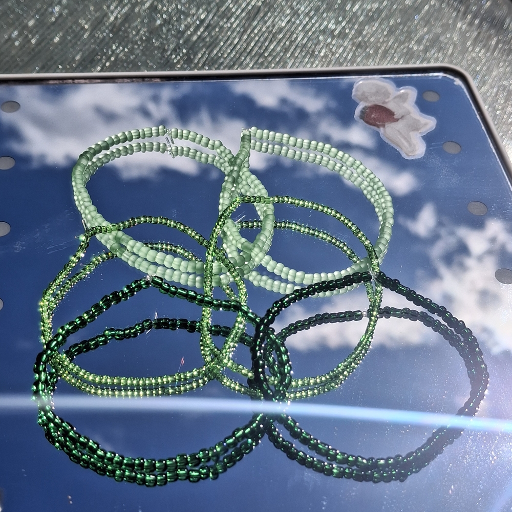 Handmade Green Beaded Stretch Bracelets - Set of 6